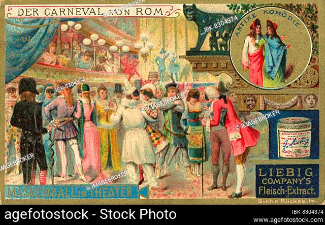 Picture series The Carnveal of Rome, Italy, Masked Ball in the Theatre, Historical, digitally restored reproduction of a collector's picture from ca 1900