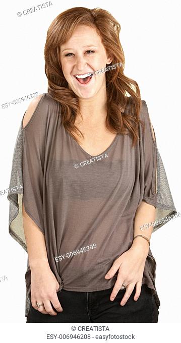Laughing female with red hair over white background