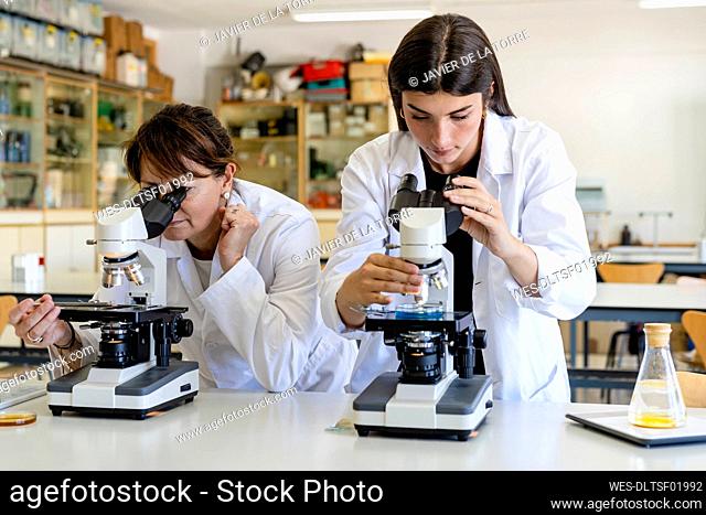 Female scientists examining chemical through microscopes at laboratory