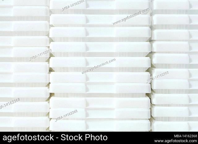 white stacked fish boxes, plastic boxes, fishing port, dorumer neufeld, lower saxony, germany, europe