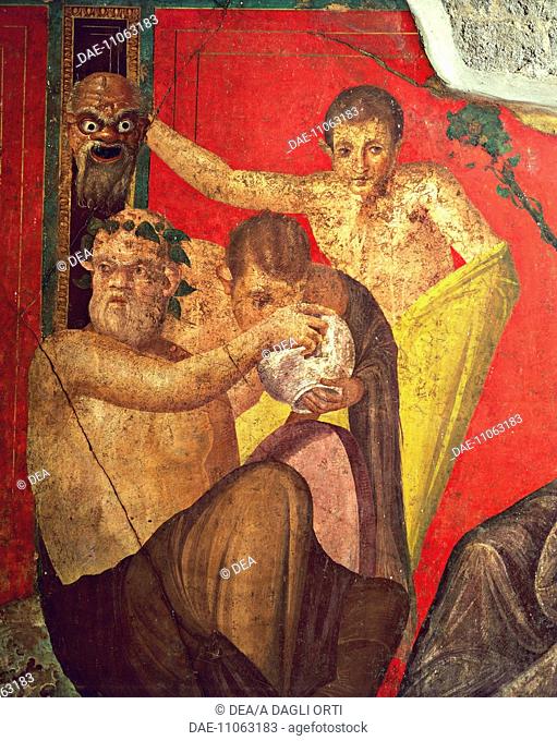 Detail of a fresco depicting a silenus with satyrs, Second Pompeian Style, from the Villa of the Mysteries, Pompeii (UNESCO World Heritage List, 1997), Campania