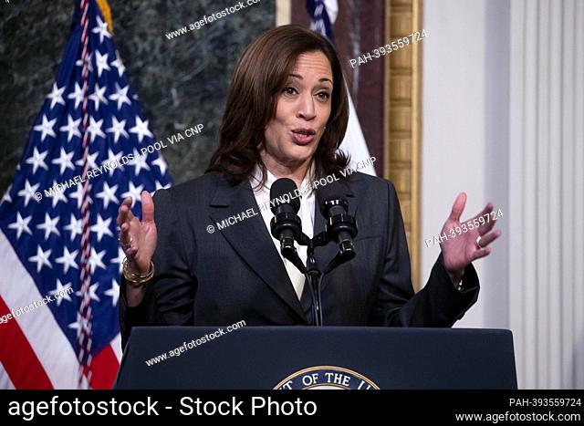 United States Vice President Kamala Harris delivers remarks before awarding the Congressional Space Medal of Honor to two former NASA astronauts during a...