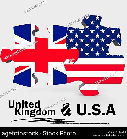 USA and United Kingdom Flags in puzzle isolated on white background, 3D rendering