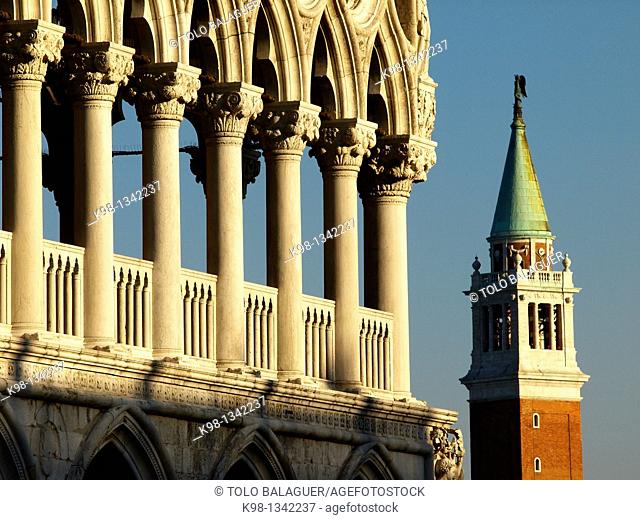 XIV century Dogoss Palace and San Giorgio Maggiore canpanile Piazza San Marco Venice Veneto Italy