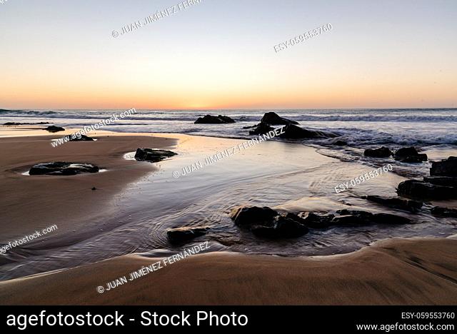 Scenic view of beach against sky during sunset. El Cotillo, Fuerteventura, Canary Islands. Holidays concept