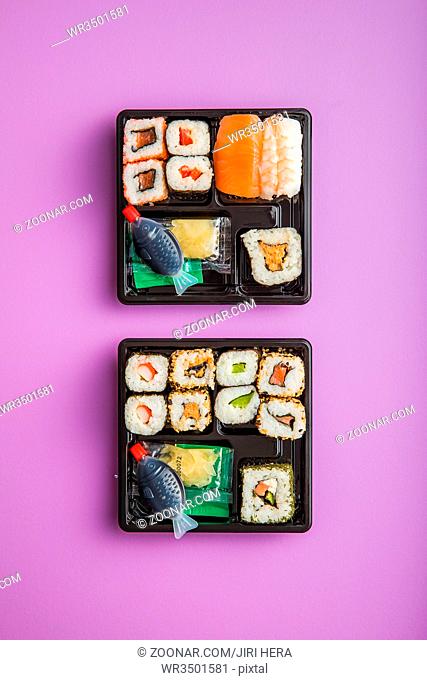 Eating set of sushi in box. Different types of sushi. Top view