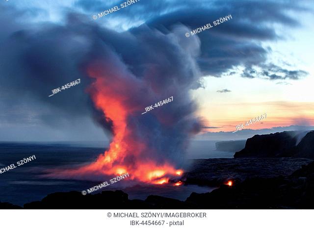 Lava entering ocean, Kalapana, Hawai'i Volcanoes National Park, Big Island, Hawai'i, USA