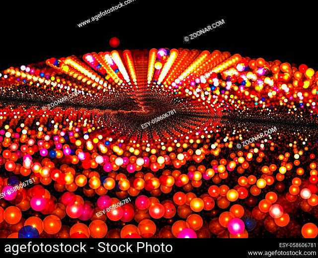 Abstract blurred festive background - computer-generated image. Fractal art: ring of glowing balls of different colors. For cards, covers, banners