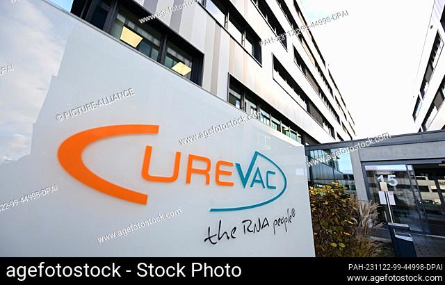 20 November 2023, Baden-Württemberg, Tübingen: The logo of the biotechnology company Curevac, photographed in front of the company headquarters