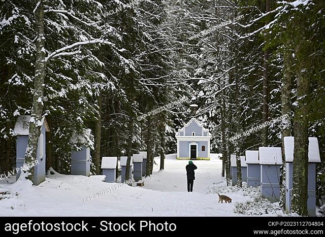 Snow on the Way of the Cross at Borova Lada, 27 November 2023, Prachatice region. Roads in the higher altitudes in Bohemian Forest are covered with snow in...