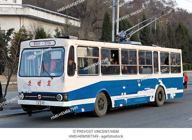North Korea, Pyongyang, trolley bus full of passengers