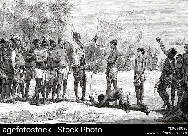Great reception of the tribe in Kasongo, Democratic Republic of the Congo, Central Africa. Old 19th century engraved illustration from Journey from Zanzibar to...