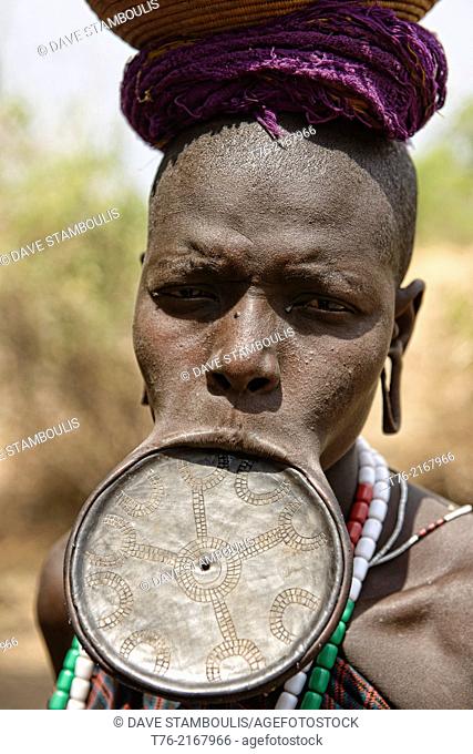 Mursi woman with lip plate in the Lower Omo Valley of Ethiopia. The Mursi girls have a fold cut in their lower lip as they enter womanhood