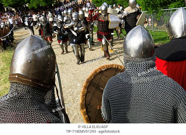 Italy, Lombardy, Casei Gerola, Historical reenactment of the battle for the defense of the castle