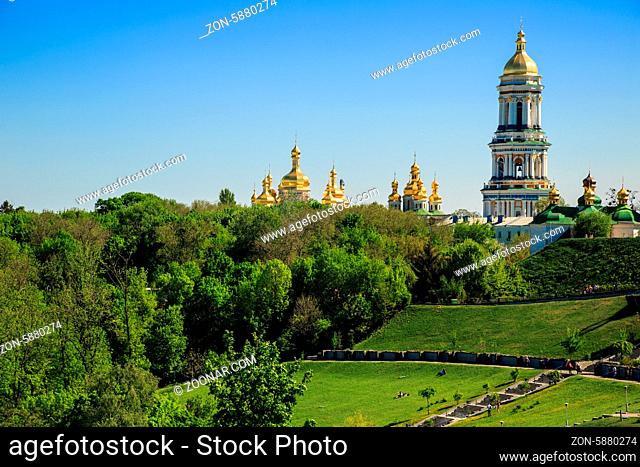 Kiev overview with Dnieper river and Kiev Pechersk Lavra or Kyiv Pechersk Lavra (Kyievo-Pechers'ka lavra