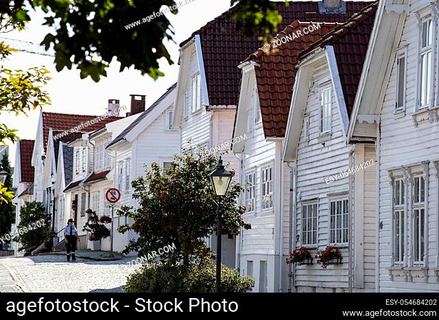 Old Stavanger town in Norway September 2018, Traditional white houses close-up