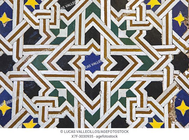 Detail, tiled ornamentation, Courtyard of Zaouia (tomb) of Moulay Idriss II, medina, Fez. Morocco