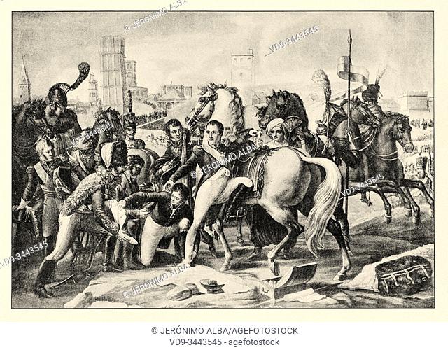 Napoleon I, wounded in front of Regensburg, is treated by surgeon Yvan, April 23, 1809. History of France, old engraved illustration image from the book...