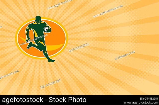 Business card showing Illustration of a rugby player running with the ball in silhouette viewed from front set inside oval shape done in retro style