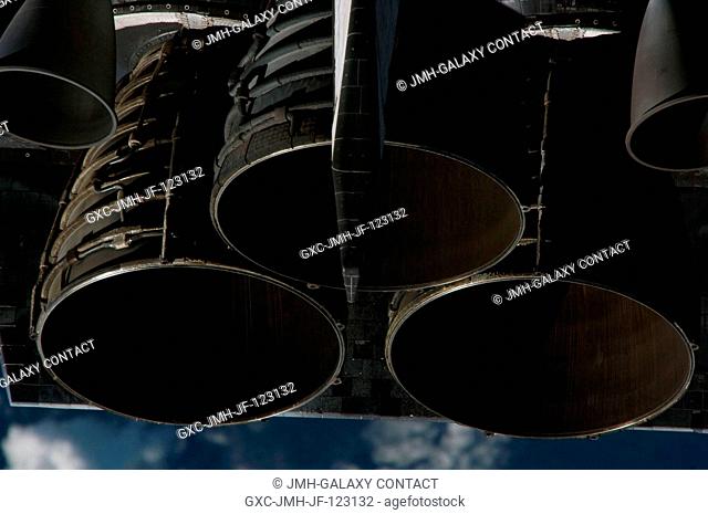 A close-up view of Space Shuttle Discovery's main engines was provided by Expedition 18 crewmembers on the International Space Station