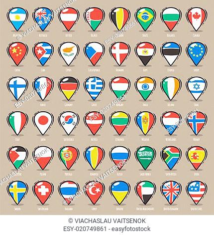 Set of Cartoon Map Pointers With World States Flags