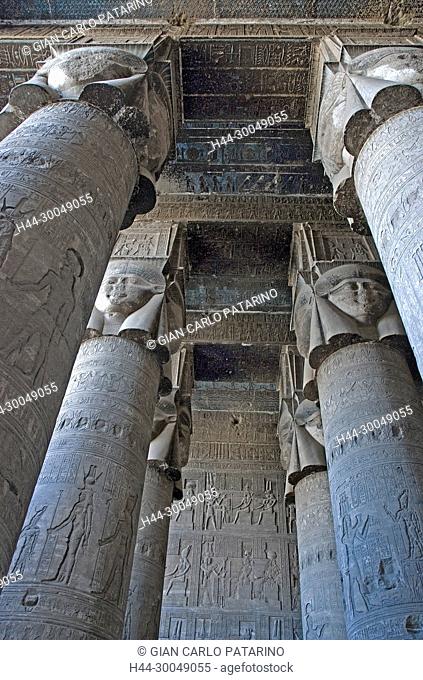 Egypt, Dendera, Ptolemaic temple of the goddess Hathor.View of ceiling and columns in the hypostyle hall