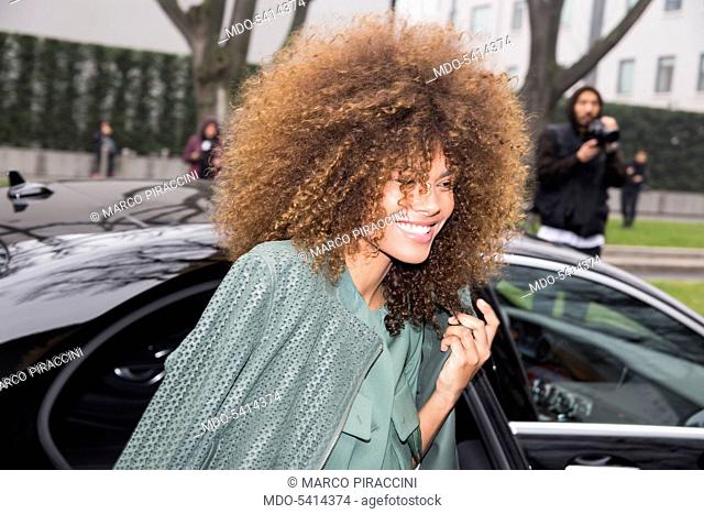 French model Tina Kunakey coming at Emporio Armani fashion show during the Fahion Week F/W 2017/2018. Milan (Italy), february 24, 2017