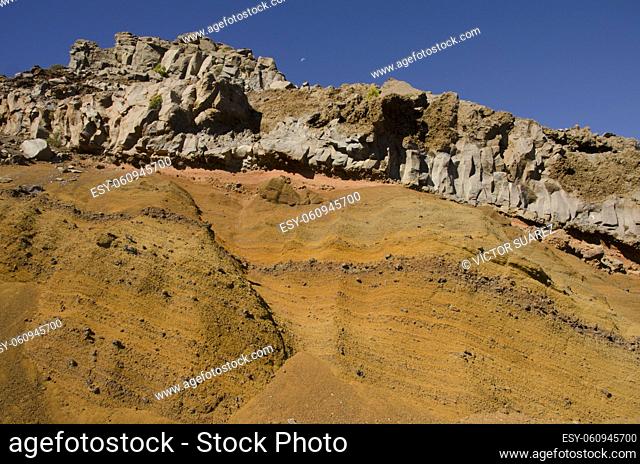 Cliff with volcanic tuff in its lower part and basaltic rock in the upper part. Las Nieves Natural Park. La Palma. Canary Islands. Spain