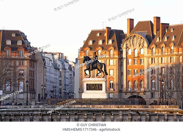 France, Paris, area listed as World Heritage by UNESCO, Henri IV statue, Quai de Conti, façade and tympan called La Gloire de Paris built in the 1930's in front...