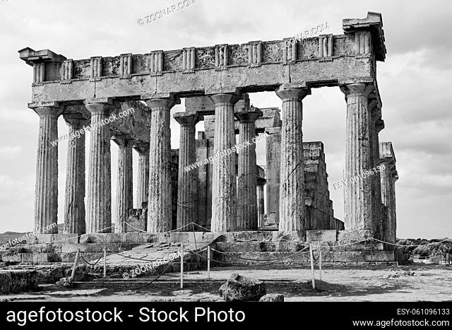 Ancient Temple of Aphaea in Aegina Island, Greece. Black and white architecture shot