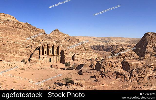 Panorama, Ad Deir Monastery on a high plateau, Wadi Araba, Wadi Mousa in the back, Petra, ancient capital of the Nabataeans, UNESCO World Heritage Site
