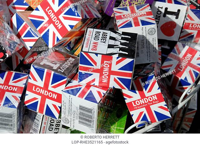 England, London, Piccadilly Circus. Packets of London souvenir tea bags for sale