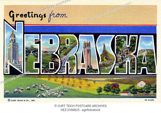 'Greetings from Nebraska', postcard, 1939. Large letter postcard of Nebraska showing views of the state in each letter, including the Nebraska State Capitol in...