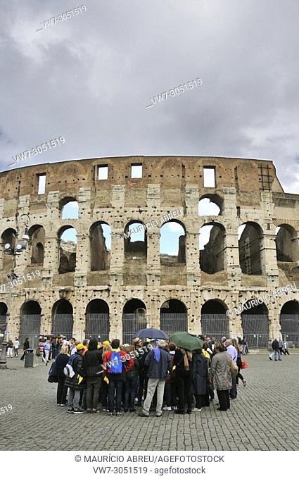 The Colosseum or Coliseum. The construction began under the emperor Vespasian in 70 AD and was completed in 80 AD under his successor Titus