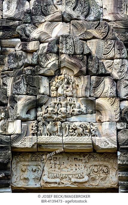 Sandstone relief at the eastern entrance, Prasat, Phimai Historical Park, Korat, Nakhon Ratchasima Province, Isan, Isaan, Thailand