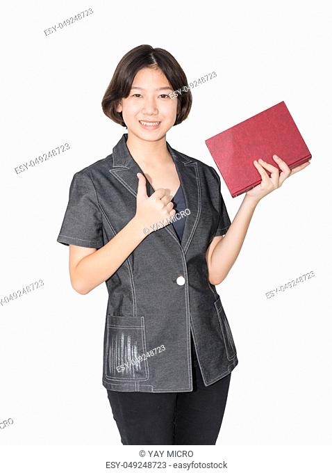 Young female short hair holding up red book, Cut out isolated on white background