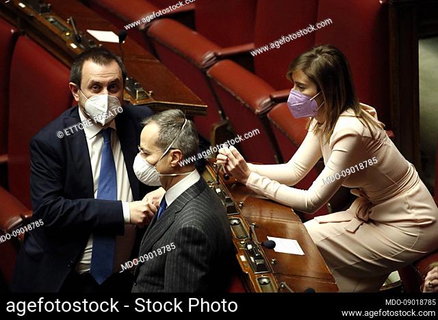Vice-president of the Chamber of Deputies Ettore Rosato and the italian deputies, Maria Elena Boschi and Matteo Colaninno during the second ballot for the...