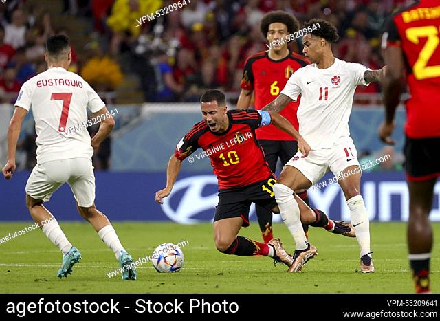 Canadian Stephen Eustaquio, Belgium's Eden Hazard and Canadian Tajon Buchanan pictured in action during a soccer game between Belgium's national team the Red...