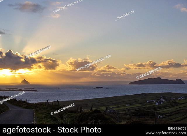 View of two of the Blasket Islands at sunset on a lovely evening, Dunquin, Kerry, Ireland, Europe