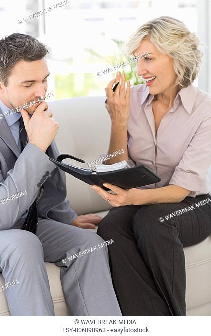 Businessman and his secretary with diary at home
