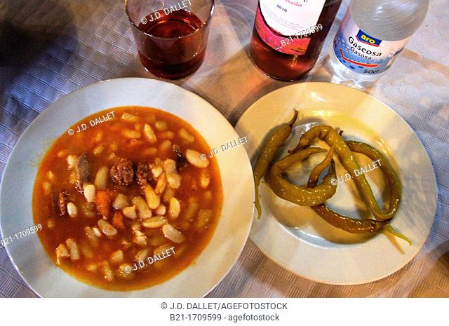 Spain, Food, 'Alubias con chorizo, Beans with chorizo sausages, eaten with hot green peppers