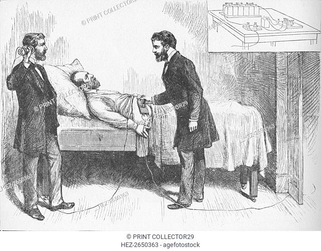 'Alexander Graham Bell and assistant use an electrical detector to find a bullet in the torso of ail Artist: W Shinkle