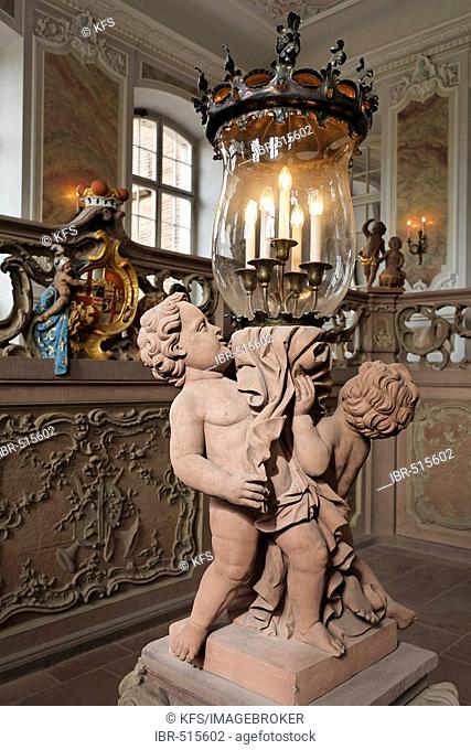 Palace of the prince elector, putto at the rococo staircase, Trier, Rhineland-Palatinate, Germany