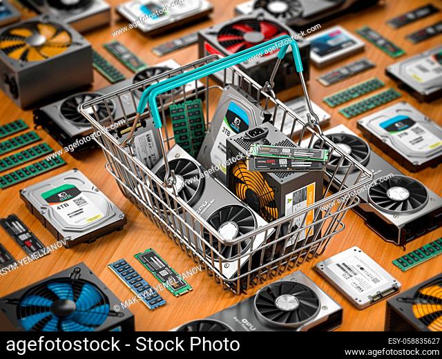 Computer hardware in shopping basket. Buying pc computer parts online concept. 3d illustration
