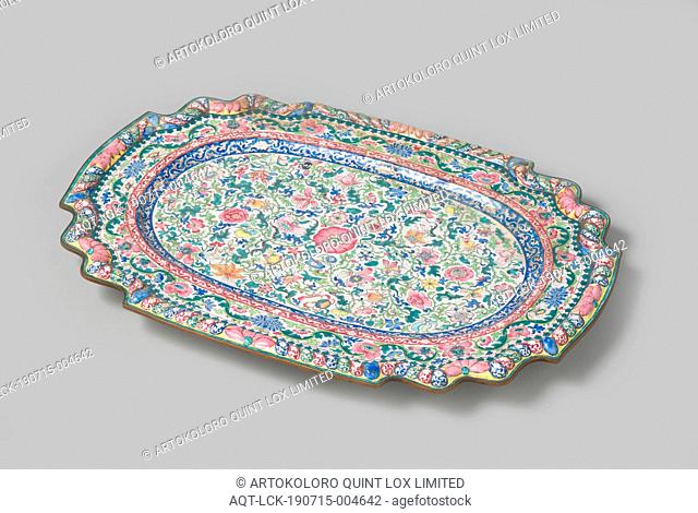 Copper tray, oval with scalloped corners, on four legs and decorated with floral scrolls, Tray, copper tray with Canton enamel