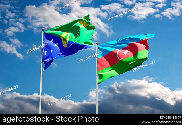 Beautiful national state flags of Azerbaijan and Christmas Island together at the sky background. 3D artwork concept