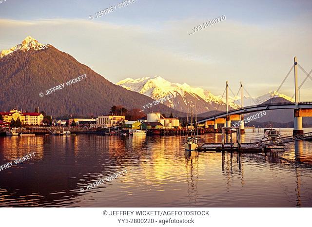 View of harbor, Mount Verstovia, O'Connell Bridge and downtown Sitka, Alaska, USA