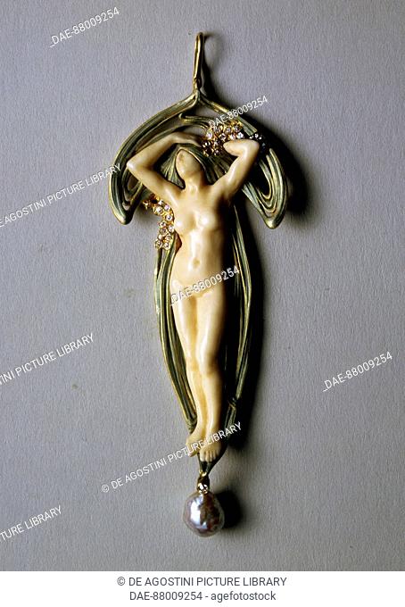 The Awakening, ca 1900, gold, ivory, diamond, baroque pearl and enamel pendant, made by Henri (1853-1942) and Paul Vever (1851-1915)