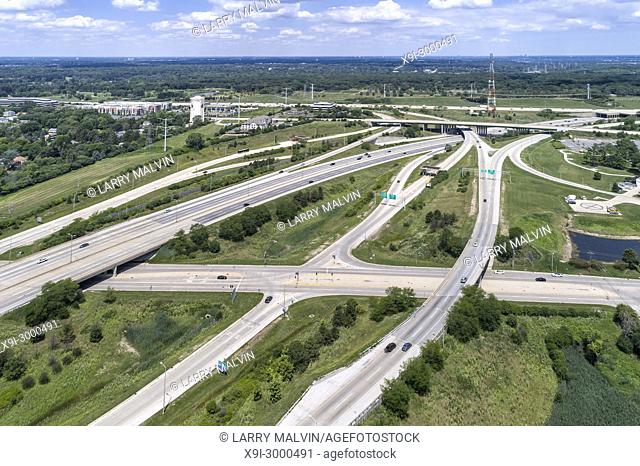 Aerial view of highways, overpasses and ramps in the Chicago suburb of Downers Grove IL. USA