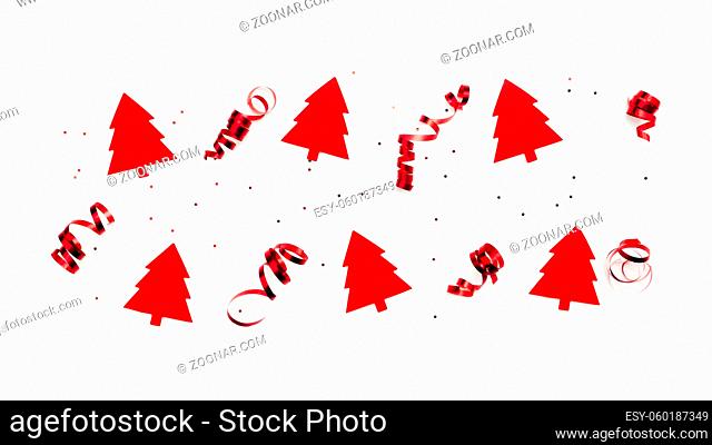 Christmas trees with red ribbons and glitter stars on white background. High quality photo